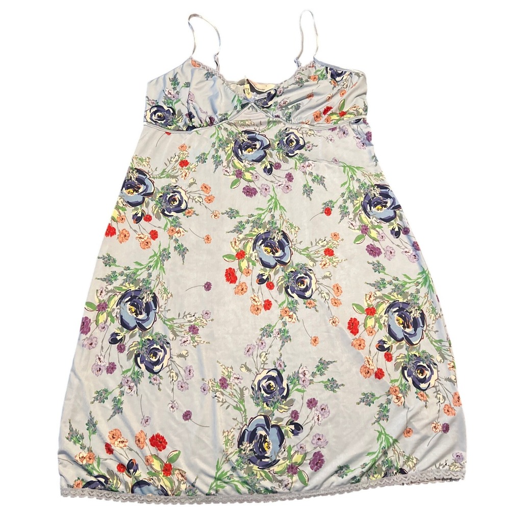 Peter Alexander Blue Floral Print Nightgown Slip Dress Lace Trim Size L NWT